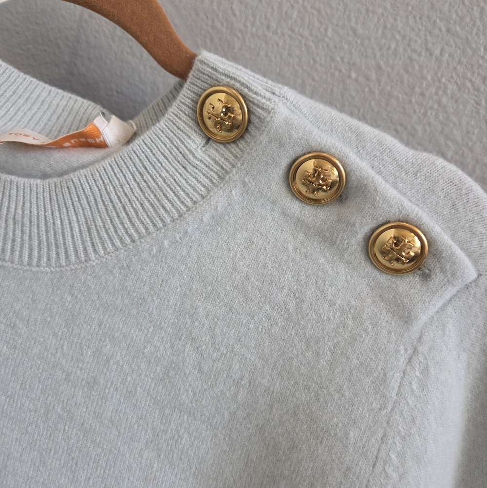 Tory Burch 'Rose Sweater' Light Blue Sweater with Gold Buttons - Picture 4 of 5